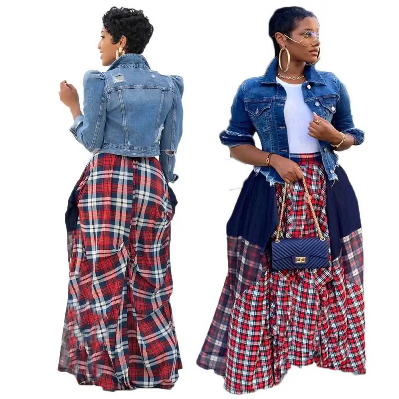 Top Trends: Plaid Print Patchwork Loose Women Maxi Skirt 2023 Summer Fashion Multi Colors Elastic Waist Skirts Streetwear Vacation Christmas Shoppable Styles