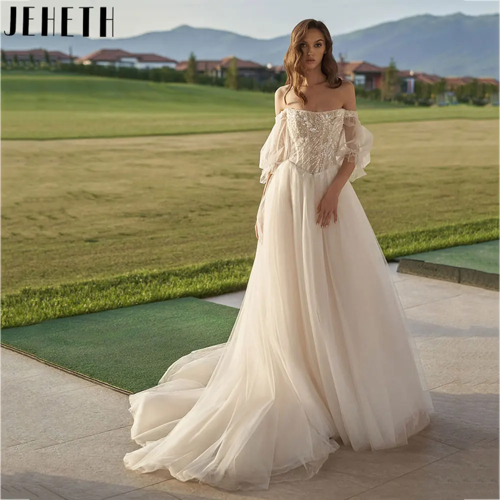 Top Trends: JEHETH Romantic Boat Neck A-Line Wedding Dress Classic Puff Sleeves Tulle Bridal Gowns Back Zipper Vestidos De Novia Custom Made Shoppable Styles