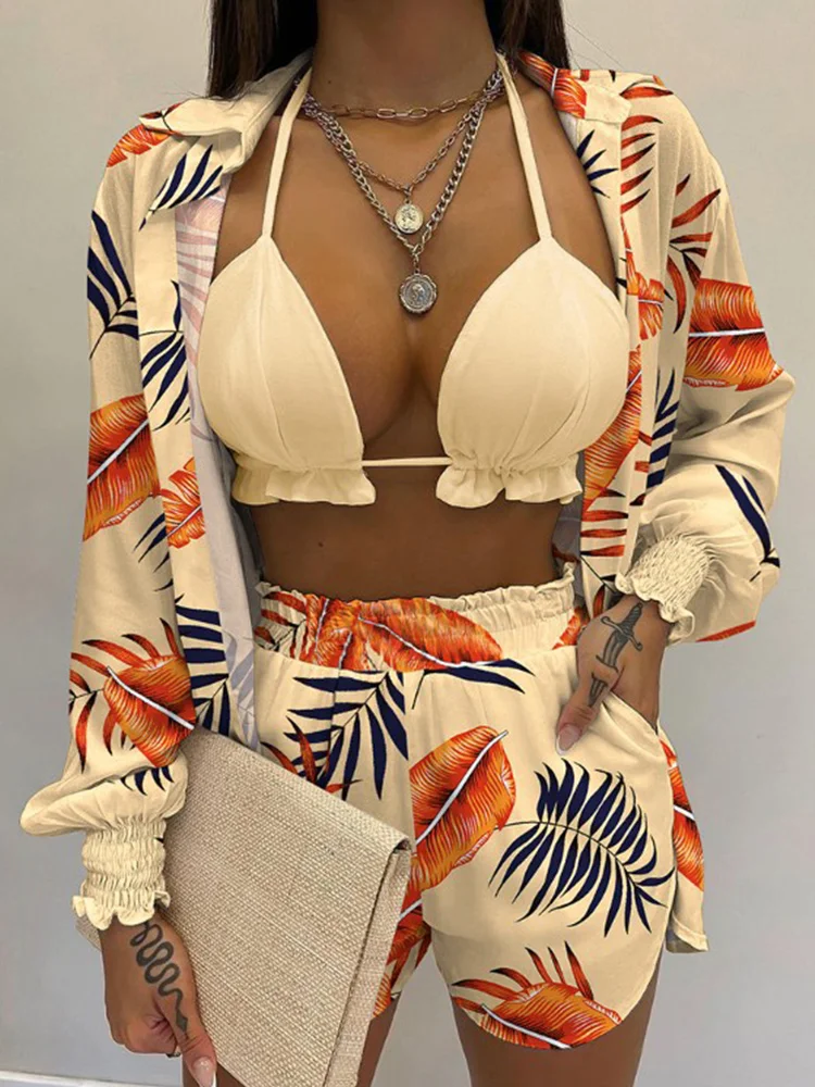 Top Trends: Three Pieces Swimwear Sexy Beachwear 2024 New Bathing Suit Shorts Cover Up Summer High Waist Bikini Set Print Women's Swimsuit Shoppable Styles