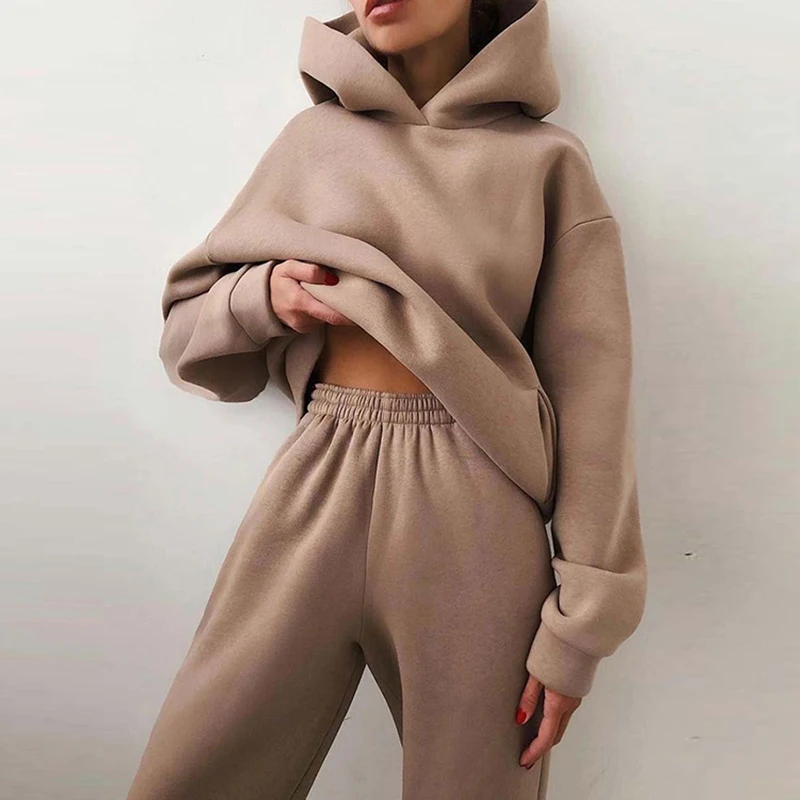 Top Trends: Tracksuit Hoodies Women Sets Winter Casual Warm Solid Long Sleeve Fleece Hooded Sportswear Suit Hoody Pullovers Pant Two Pieces Shoppable Styles