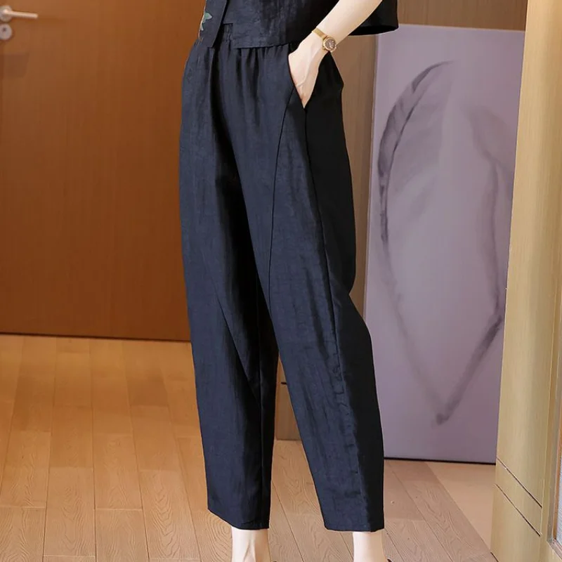 Top Trends: Simulated Silk Fragrant Cloud Yarn Small Feet Pants Women's Loose Black Elastic Waist Pocket 9-point Harlan Casual Trousers 2023 Shoppable Styles