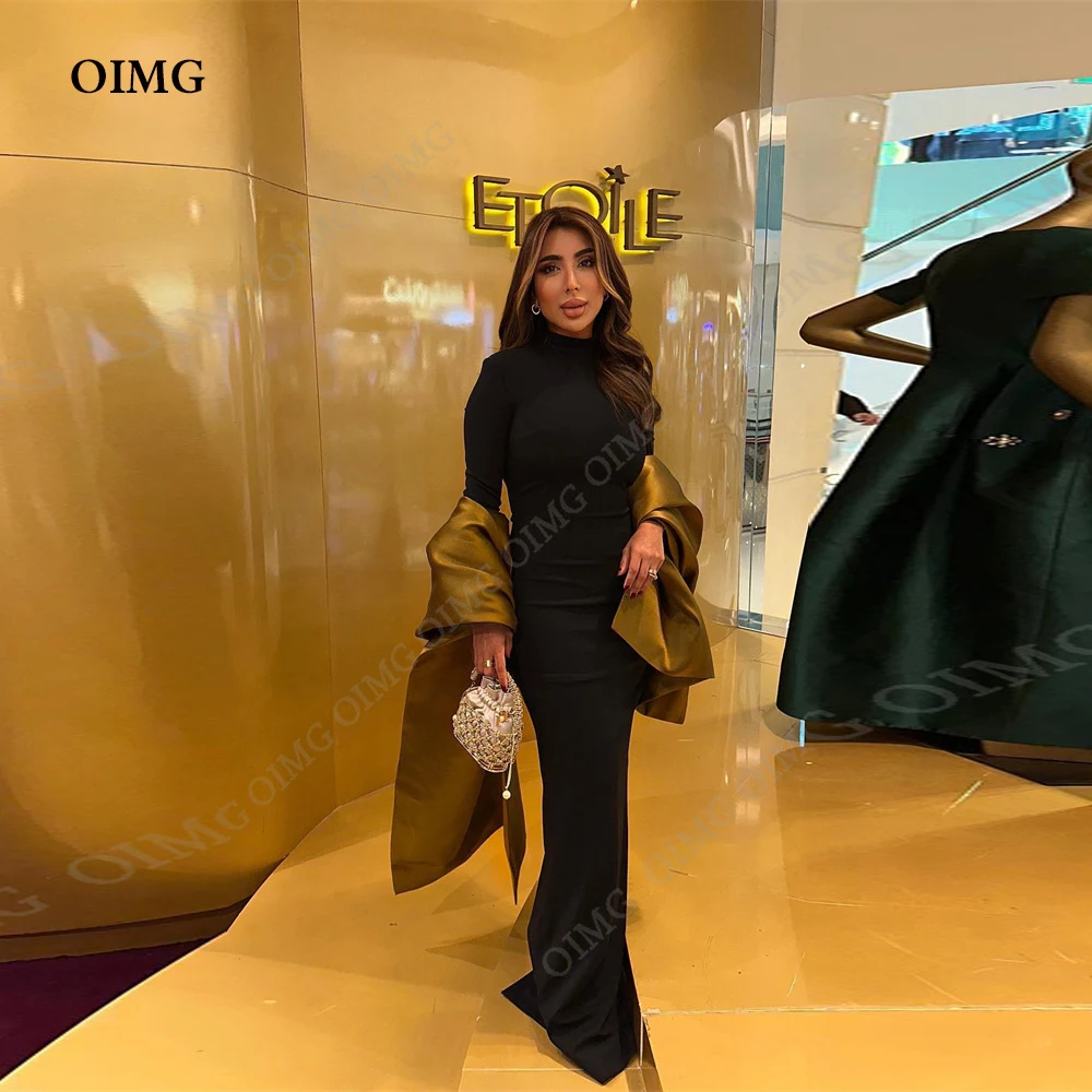 Top Trends: OIMG Black Satin High Neck Long Evening Dress Formal Full Sleeves Long Prom Dress For Women Saudi Arabia Vestido Prom Gowns Shoppable Styles