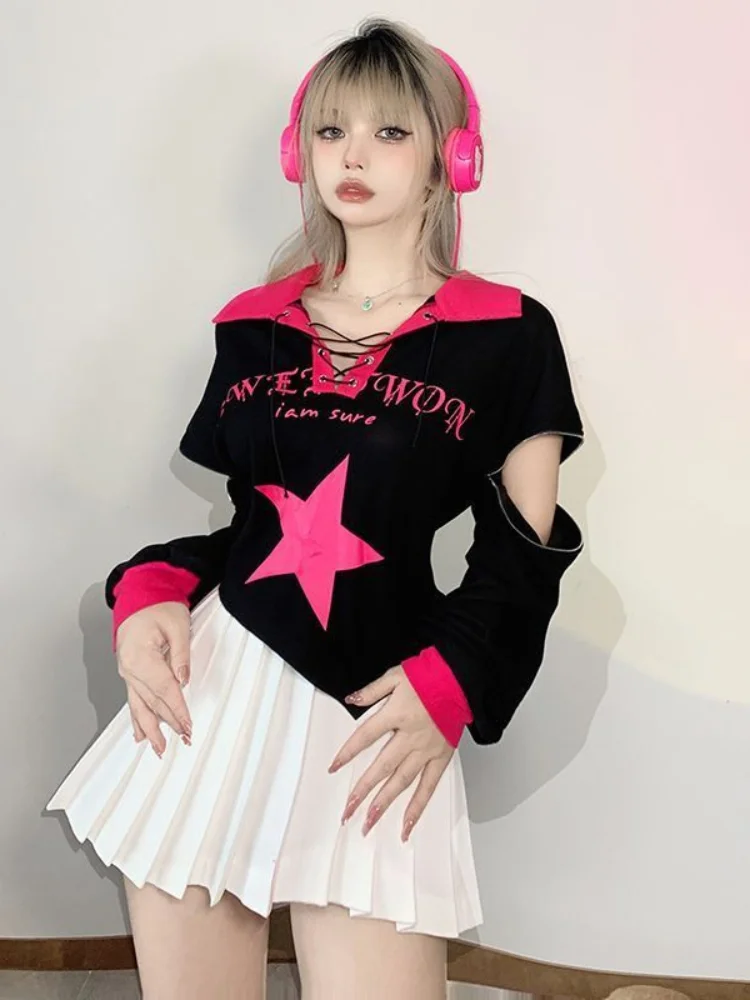 Top Trends: QWEEK Y2k Egirl Harajuku Hoodie Women Zipper Streetwear Punk Star Print Letter Sweatshirt Crop Tops 2023 Fashion Korean Kpop Shoppable Styles