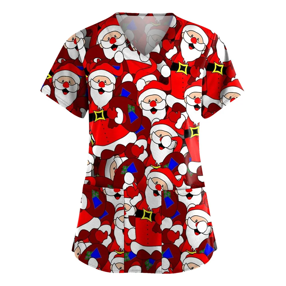 Top Trends: Snowman Print Christmas Scrubs Tops Women V-Neck Short Sleeve Nurse Uniforms Carer Work Blouse Pet Grooming Beauty Salon Shirt Shoppable Styles