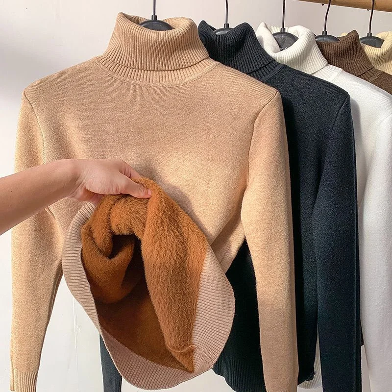 Top Trends: Fleece Thicken Women Autumn Winter Turtleneck Sweater All-match Fashion Solid Basic Bottoming Warm Casual Knitted Pullovers Top Shoppable Styles