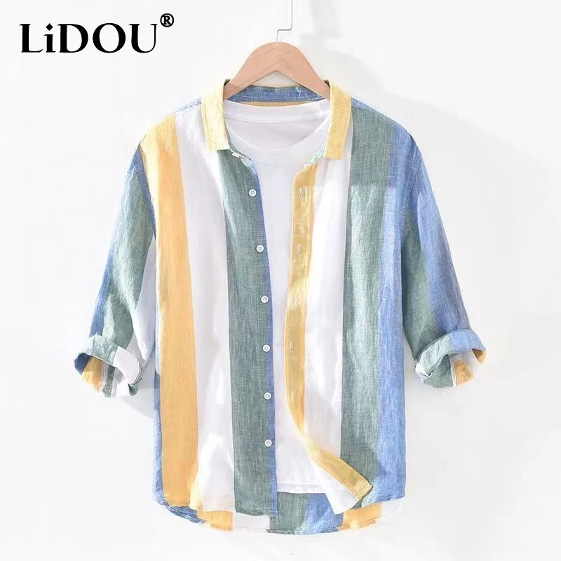 Top Trends: 2023 Spring Autumn Turn-down Collar Three Quarter Button Fashion Striped Shirt Man Loose Casual Korean Style All-match Cardigan Shoppable Styles