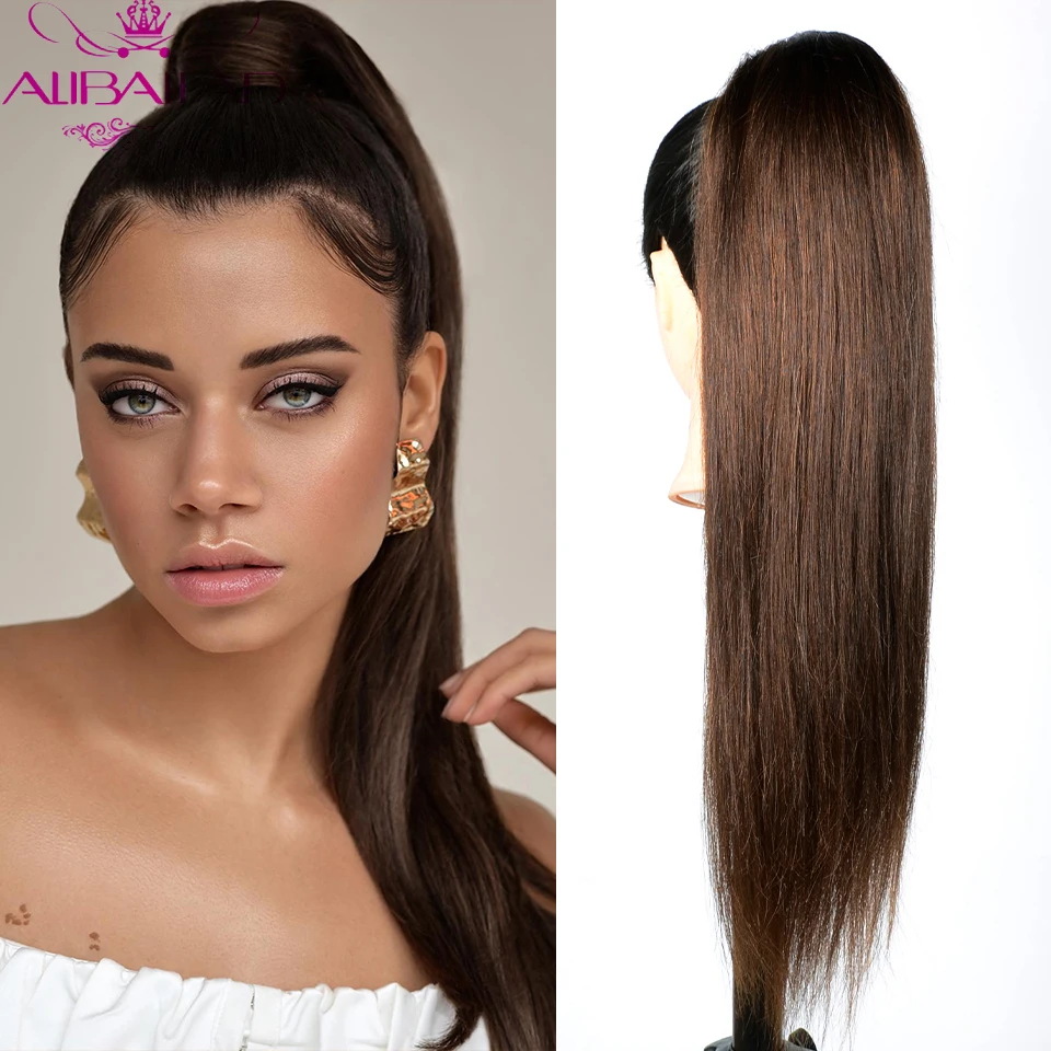 Top Trends: 4 # Dark Brown Colored Straight Drawstring Ponytail Human Hair Brazilian Remy Clip In Extensions 2 Combs 100 / 150g Pony Tail Shoppable Styles