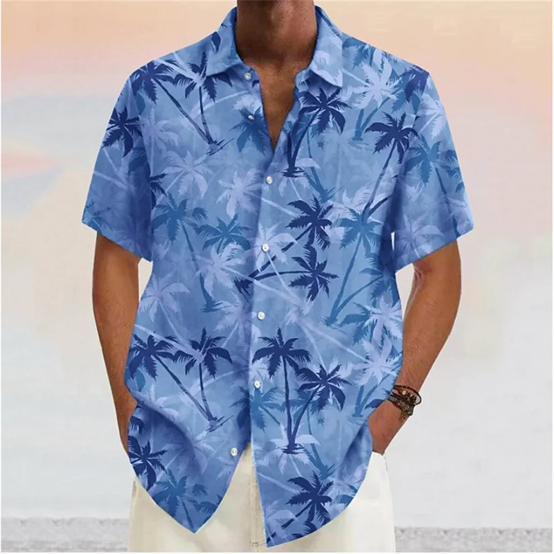 Top Trends: Men's Shirts 2023 Coconut Tree Print Lapel Button Shirt Blue Hawaiian Short Sleeves Fashion Designer Casual Soft 7 Colors Summer Shoppable Styles