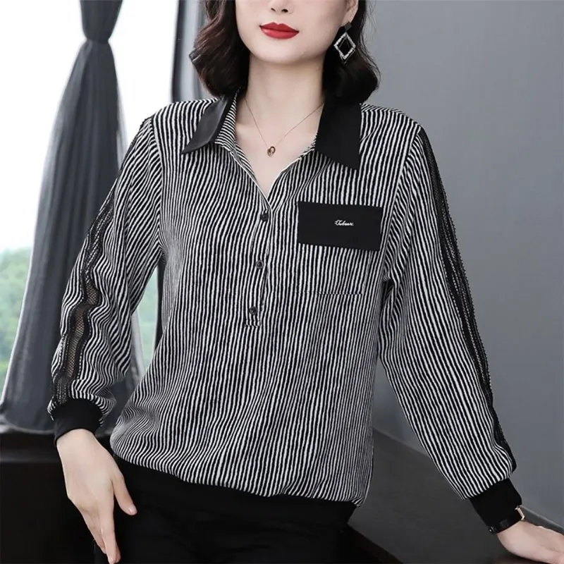 Top Trends: Office Lady Striped Loose Shirt Spring Autumn Stylish Gauze Spliced Hollow Out Women's Clothing Korean Lapel Button Basic Blouse Shoppable Styles