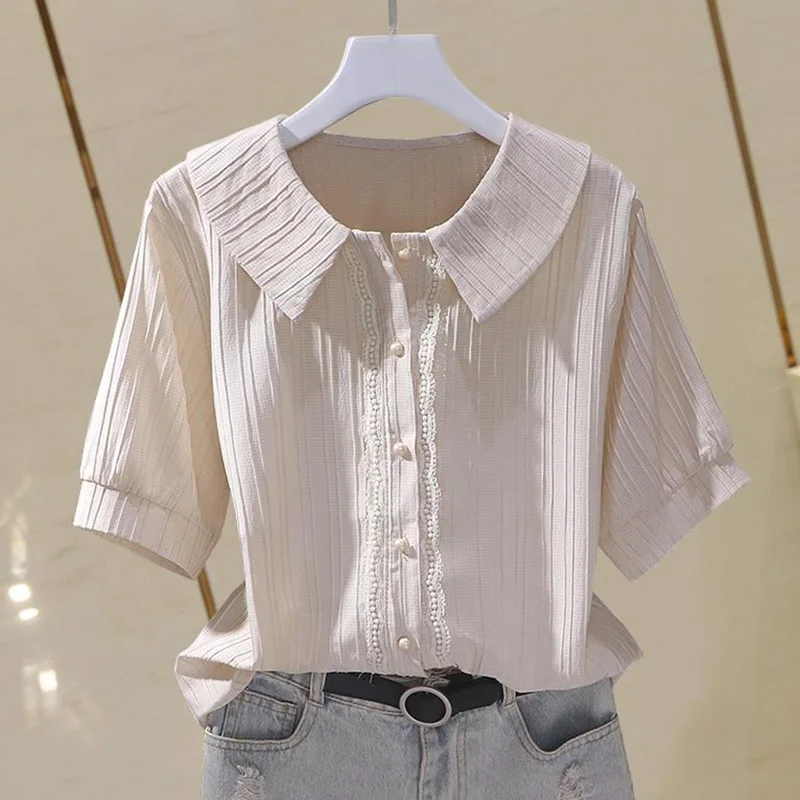 Top Trends: Elegant Peter Pan Collar Spliced All-match Ruffles Shirt Female Clothing 2023 Summer New Casual Tops Loose Office Lady Blouse Shoppable Styles