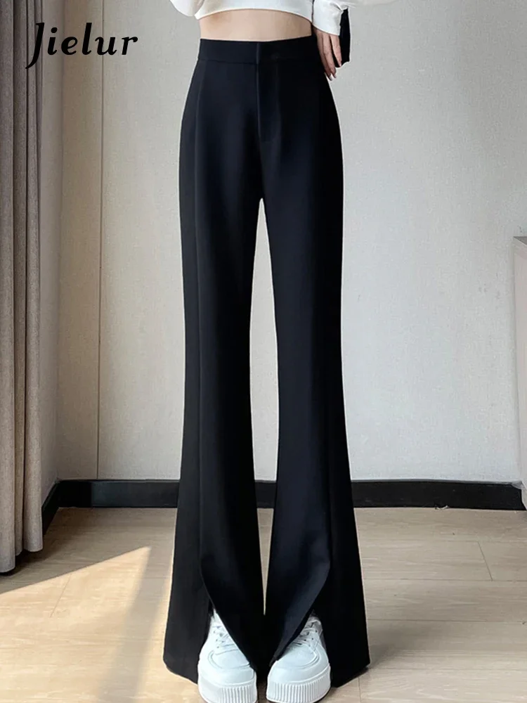 Top Trends: Jielur Split Black Slim Fake Pockets Flare Pants Chic Office Ladies High Waist Casual Fashion Female Streetwear Trousers Apricot Shoppable Styles