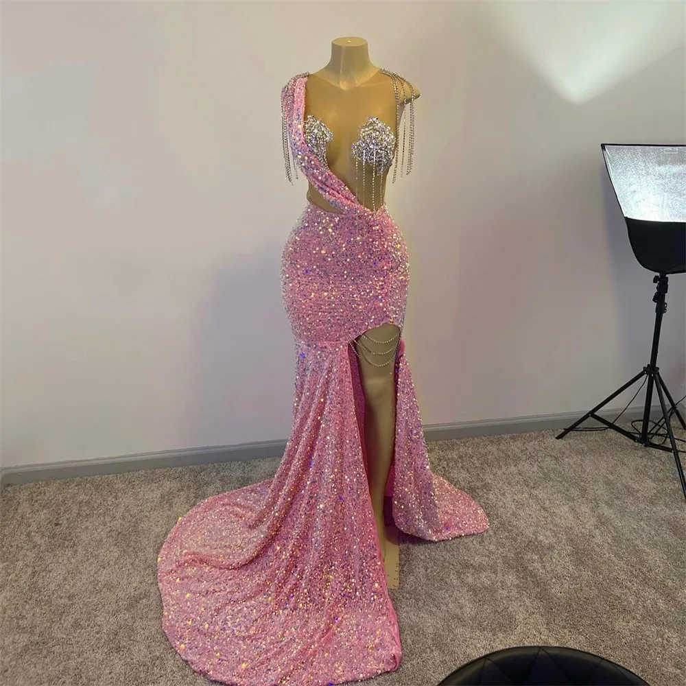 Top Trends: Glitter Pink Sequins Prom Dresses For Black Girls Tassels Luxury Dress For Gala Party 2023 Split Slit Long Mermaid Evening Gowns Shoppable Styles