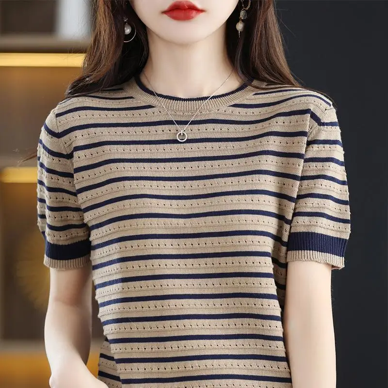 Top Trends: Summer Women Vintage Striped T-Shirt Korean All-match Hollow Out Fashion Short Sleeve O-Neck Loose Casual Knitted Pullover Tops Shoppable Styles