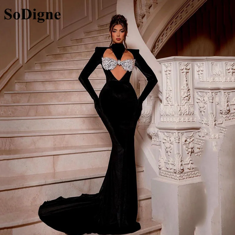 Top Trends: SoDigne Sexy Long Sleeves Black Evening Dress Mermaid Cut-Out Beads Sequin Sweep Train Prom Gowns Simple Women Party Dresses Shoppable Styles