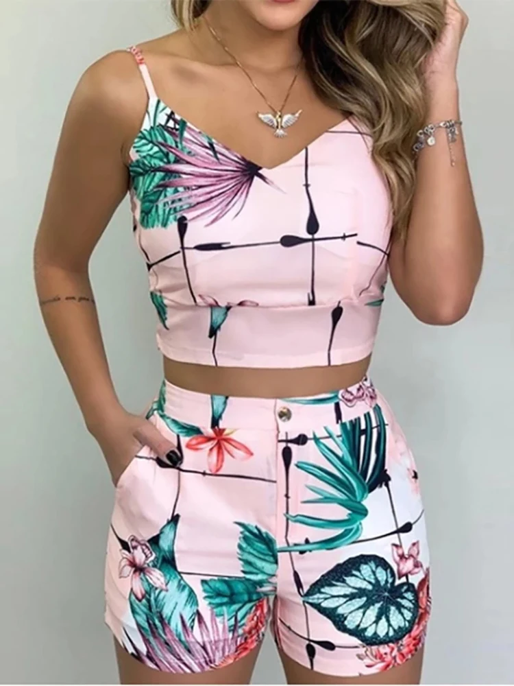 Top Trends: Summer Women Fashion 2 Piece Sets Office Lady Floral Print Spaghetti Strap Crop Top And Shorts Suits Female Outfits Party Wear Shoppable Styles