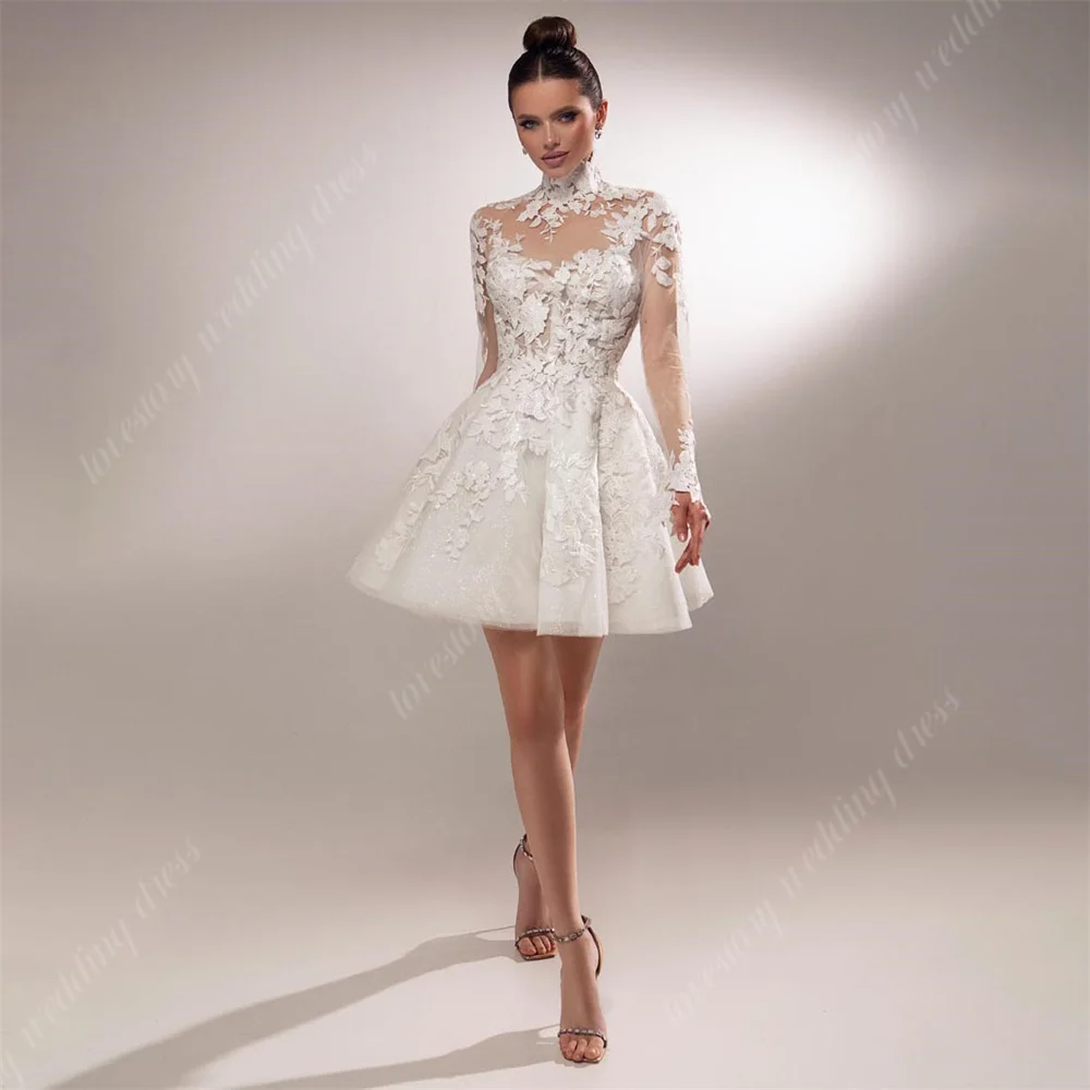 Top Trends: Short Mini High Neck Bridal Gowns For Women Lace Applique Above Knee Length Wedding Party Dress Long Sleeves Wedding Dresses Shoppable Styles