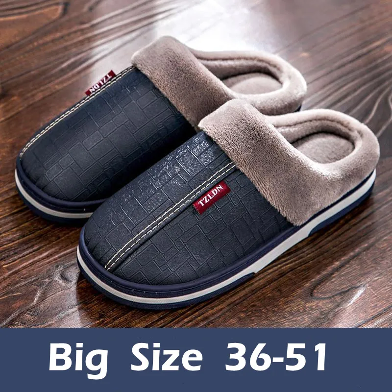 Top Trends: Big Size 50 51 Men's PU Leather Slippers Couples Indoor Waterproof Furry Flats Winter Warm Plush Shoe Women Non Slip Home Slides Shoppable Styles