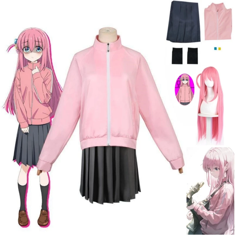 Top Trends: Gotou Hitori Cosplay Anime Bocchi The Rock Gotou HitoriJK Uniform Pink Jacket Skirt Wig Set Halloween Anime Role Play Shoppable Styles