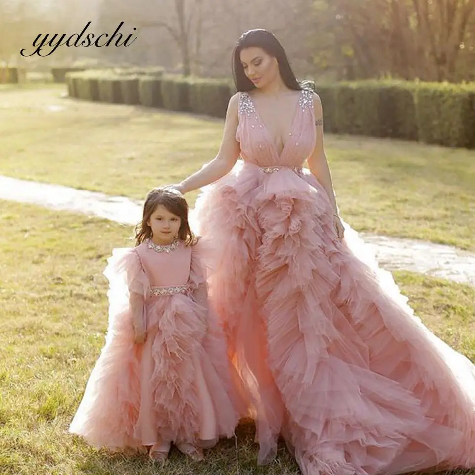 Top Trends: 2023 Pink Sleeveless Puffy Mother And Daughter Prom Dresses Tulle Beading Evening Gown Kids Birthday Party Dress Shoppable Styles