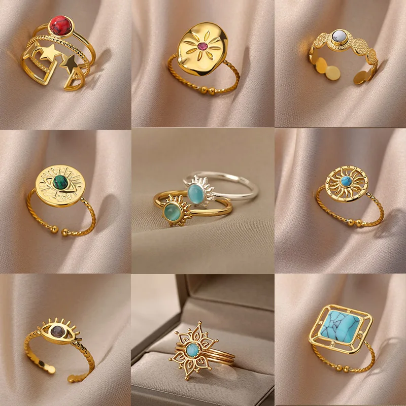 Top Trends: Stainless Steel Opal Stone Sun Rings For Women Men Gold Plated Star Wedding Couple Rings Aesthetic Finger Jewelry Accessories Shoppable Styles