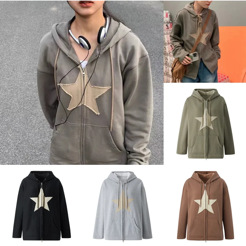 Top Trends: Hip Hop Zip Up New Hoodie Star Patch Cotton Women&#039;s Loose Tops Harajuku Punk Gothic Clothes Grunge Casual Women&#039;s Sweatshirt Shoppable Styles