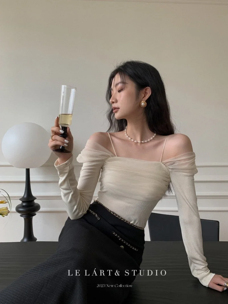 Top Trends: Spring French Pure Desire To Splice Mesh Yarn One-line Shoulder Clothes Women&#039;s Suspender Slim Slim Off-the-shoulder Small Shirt Shoppable Styles