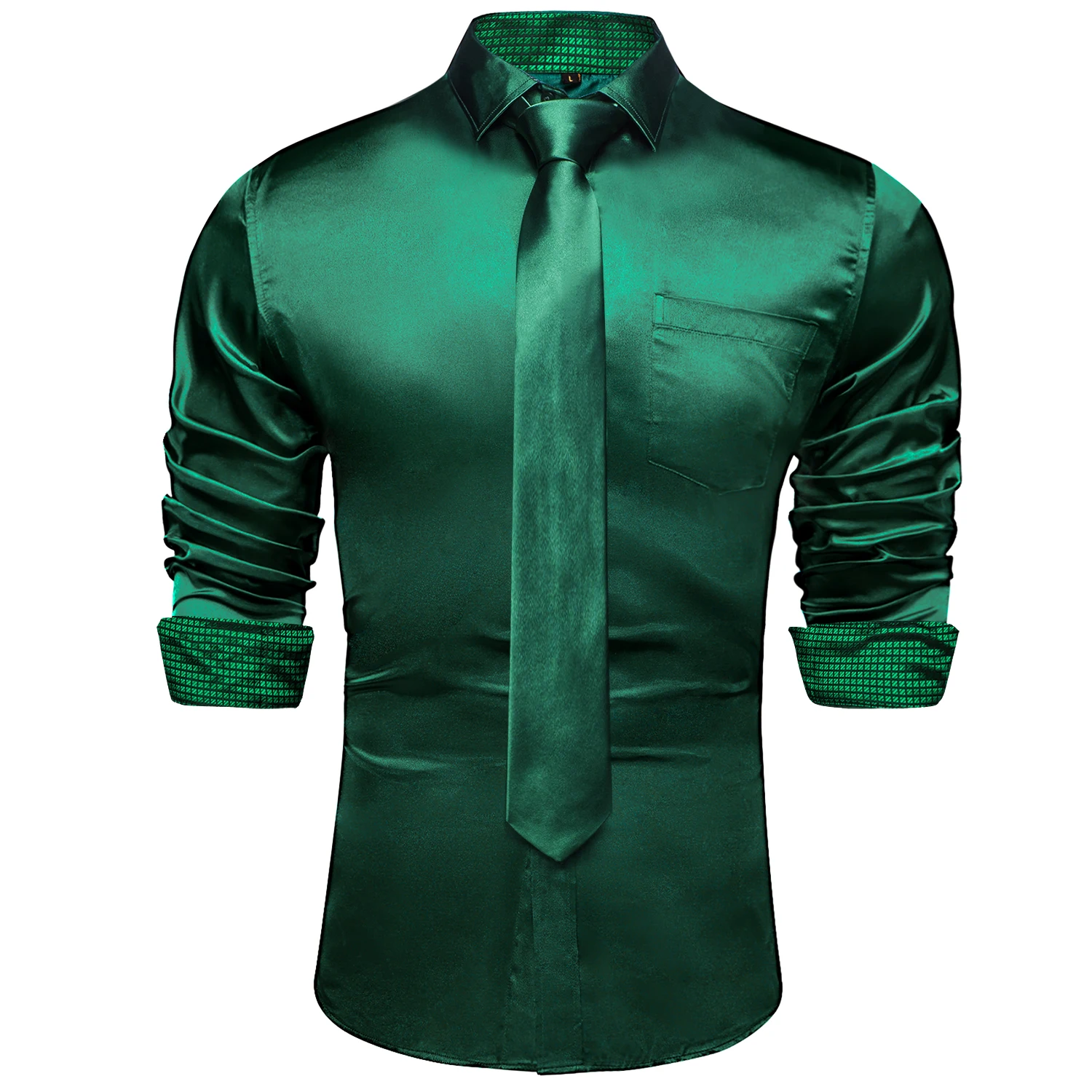 Top Trends: Green Plaid Splicing Contrasting Colors Long Sleeve Shirts For Men Designer Stretch Satin Tuxedo Shirt Men Clothing Blouses Shoppable Styles