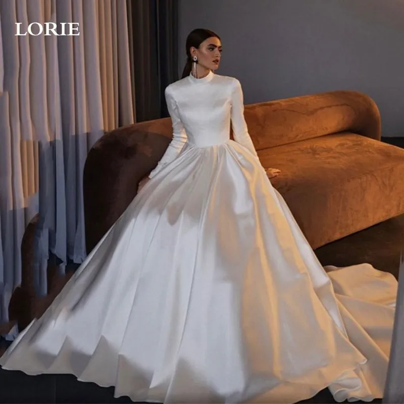 Top Trends: LORIE Satin Boho Wedding Dresses High Neck Bridal Dresses Long Sleeve Muslim Saudi Arabia Wedding Party Dresses Shoppable Styles