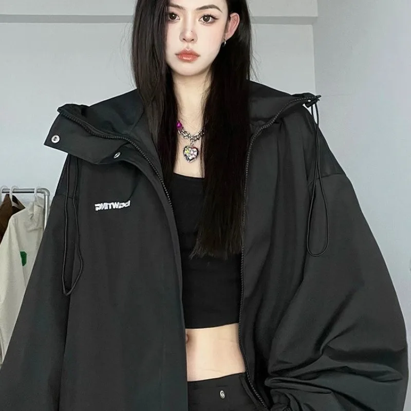 Top Trends: QWEEK Black Women&#039;s Windbreaker Jacket Korean Streetwear Y2k Oversize Female Jackets Vintage Harajuku Hooded Zip-up Goth Fashion Shoppable Styles