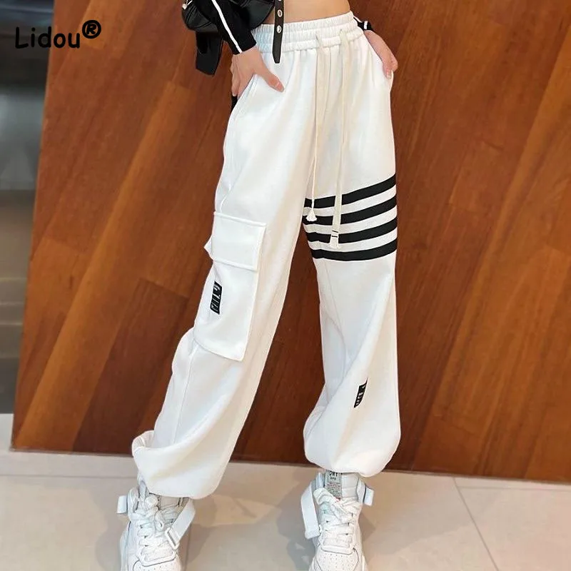 Top Trends: Fashion Chic Striped Spliced High Waist Sweatpants Women&#039;s Clothing Spring Autumn Korean Casual Elastic Drawstring Trousers Shoppable Styles