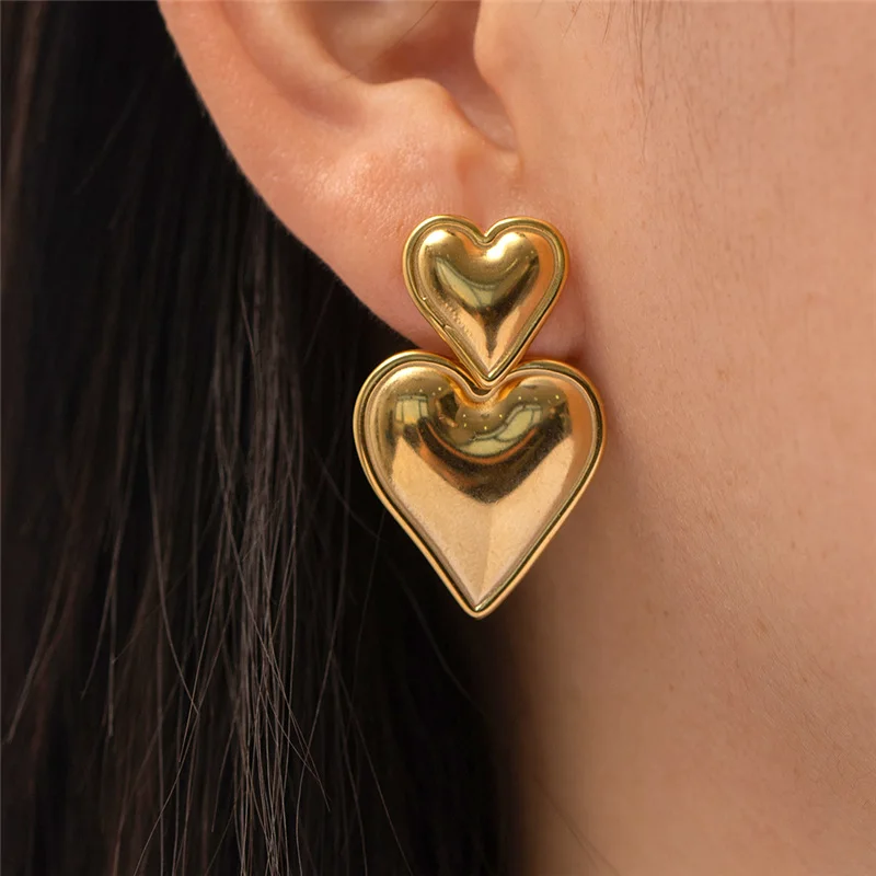 Top Trends: Luxury Trendy Double Heart Shaped Earrings Gold Plated Smooth Metal Love Drop Earrings For Women Jewelry Party Gift Shoppable Styles