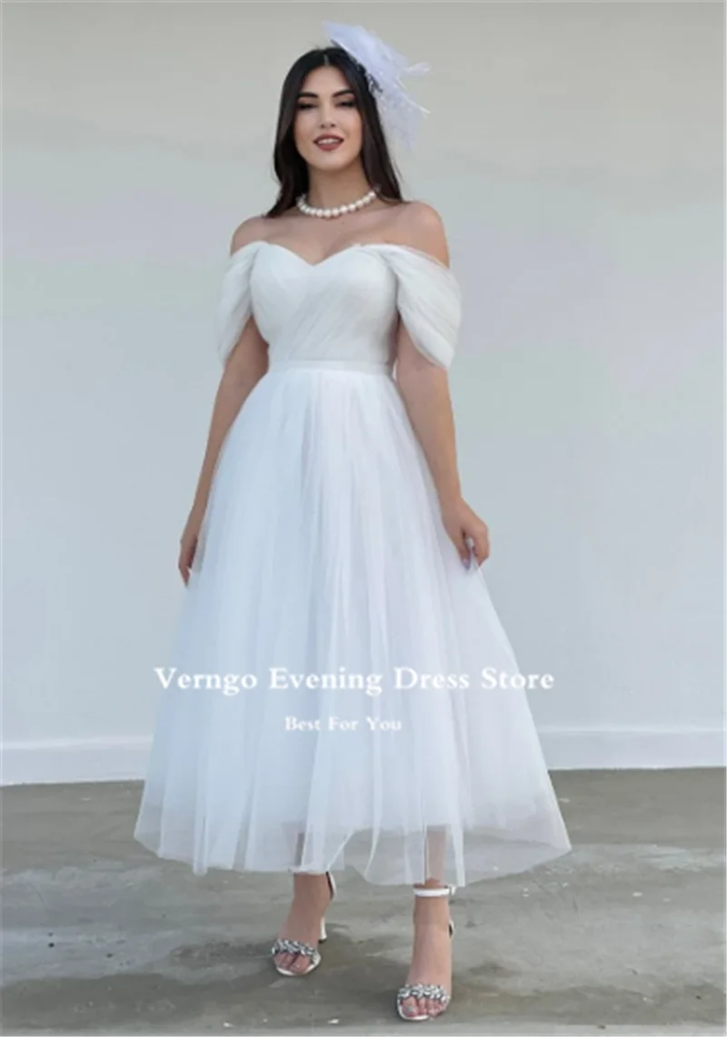 Top Trends: Verngo Simple Off The Shoulder A Line Wedding Dresse Sleeves Tea Length Corset Lace Up Back Bridal Gowns Party Dress Plus Size Shoppable Styles