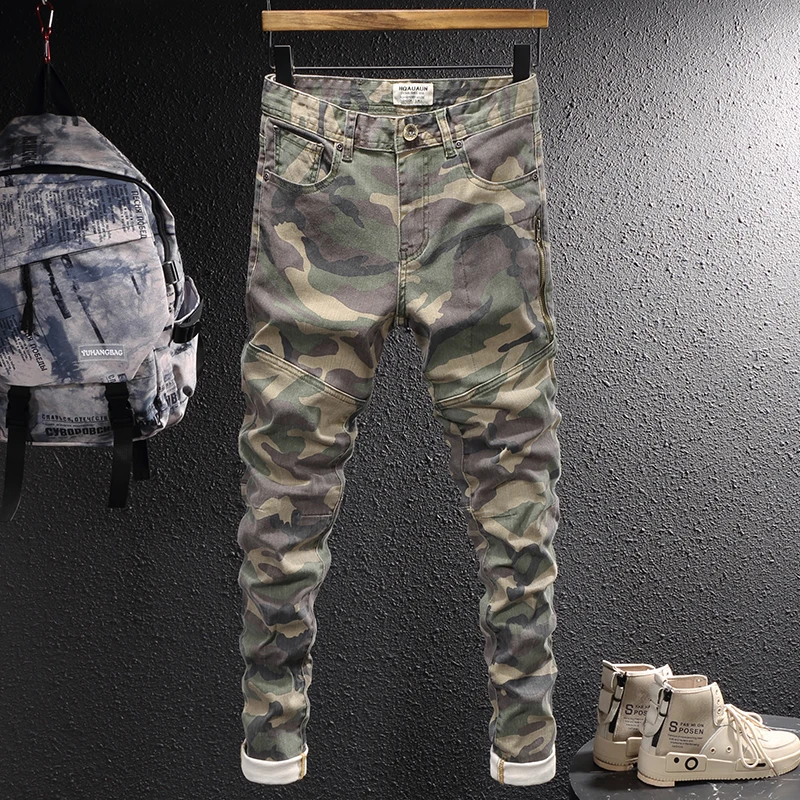 Top Trends: Street Fashion Men Jeans Camouflage Elastic Stretch Slim Fit Patched Army Green Jeans Men Zipper Pocket Designer Hip Hop Pants Shoppable Styles