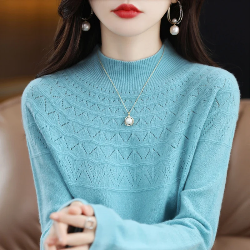 Top Trends: 2024 New 100% Merino Wool Semi-turtleneck Sweater Solid Color Long-sleeved Women&#039;s Knitted Openwork Sweater Loose Pullover Shoppable Styles