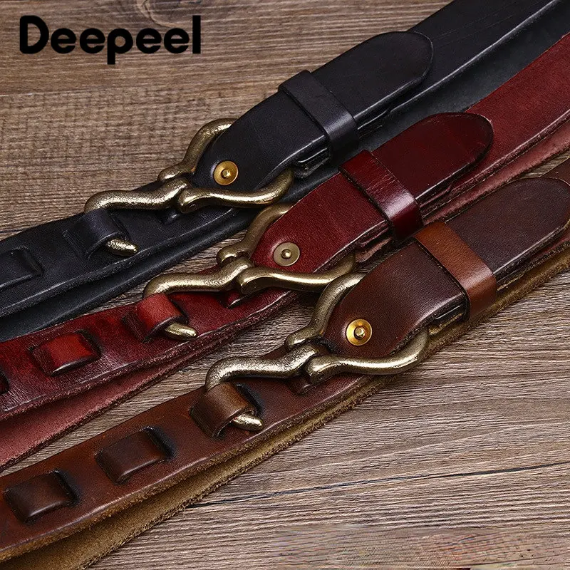 Top Trends: Deepeel 3.3cm Wide Genuine Leather Belt Cowhide Thickened Belts Men's Brass Hooks Waistband Male Retro Jeans Designer Girdles Shoppable Styles