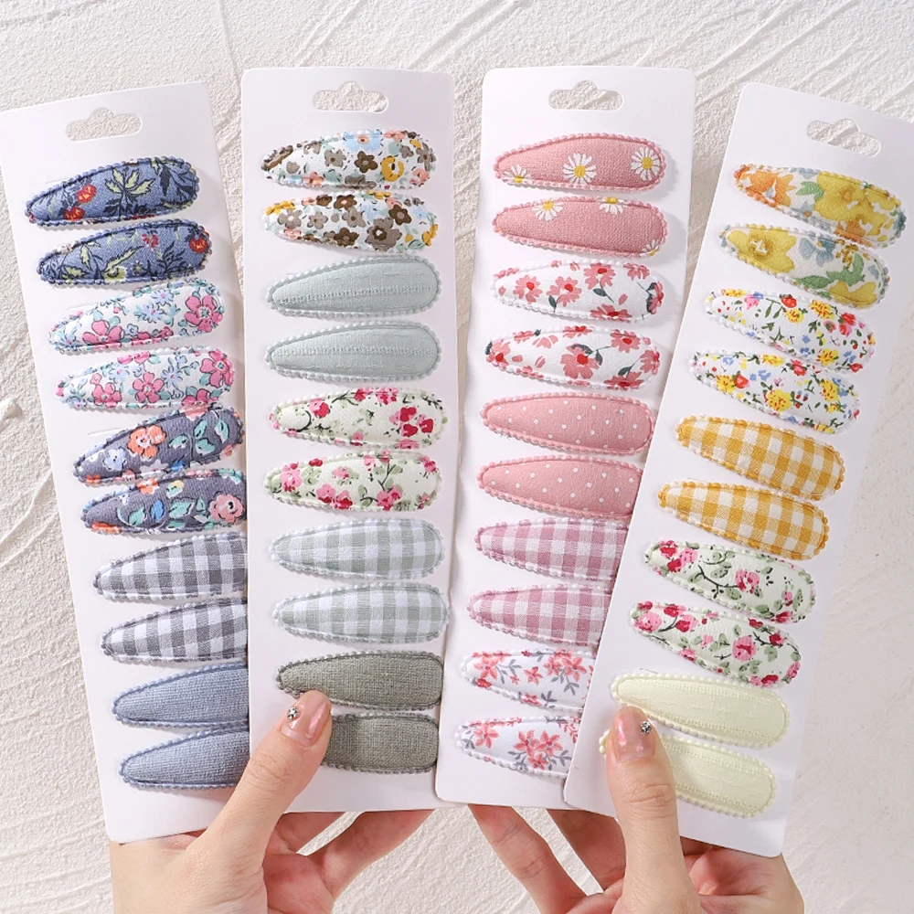 Top Trends: 10Pcs / Lot Fresh Print Cotton Alloy Hair Clips For Kids Fabric Plaid BB Hairpins Girl Hairgripe Headwear Baby Hair Accessories Shoppable Styles