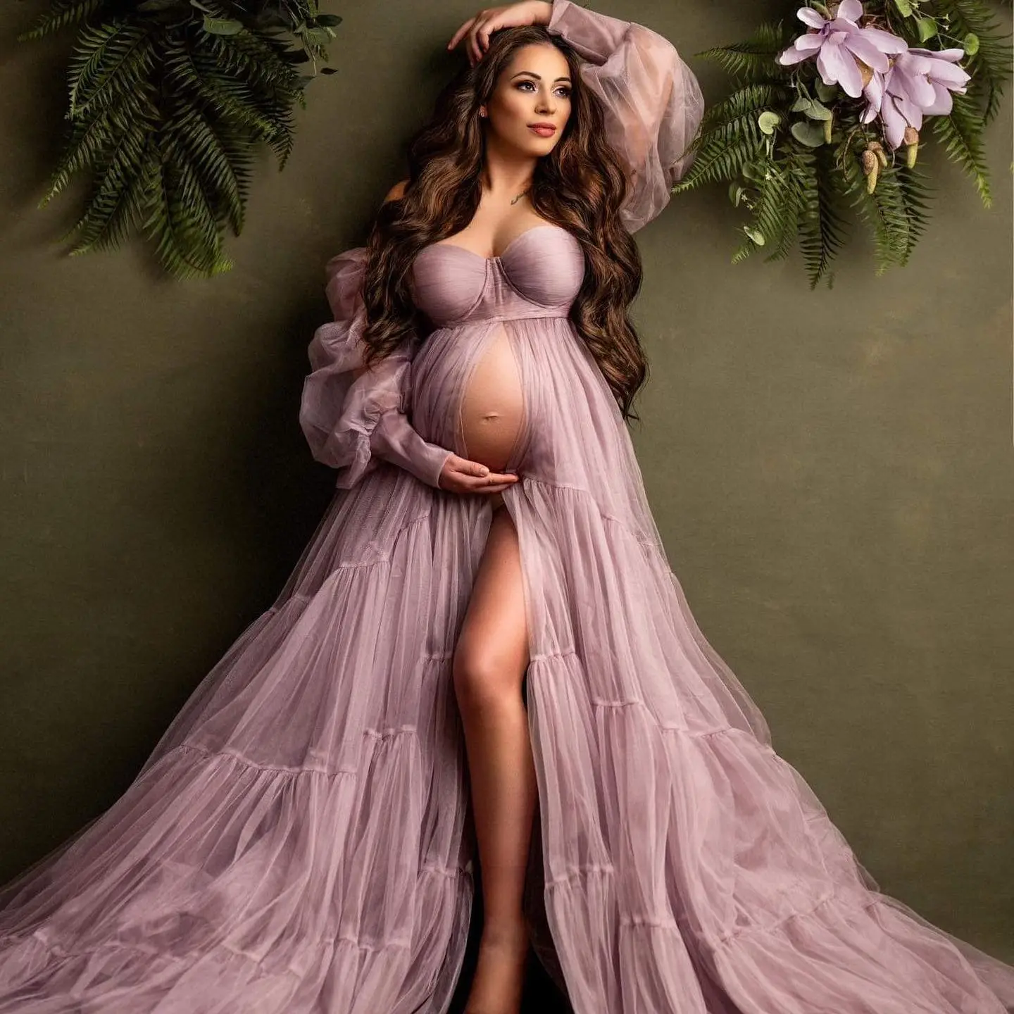 Top Trends: Lavender Pleat Tulle Maternity Photoshoot Dress Front Slit Long Sleeve Prom Dresses Women Flowy Baby Shower Gown Customise Shoppable Styles