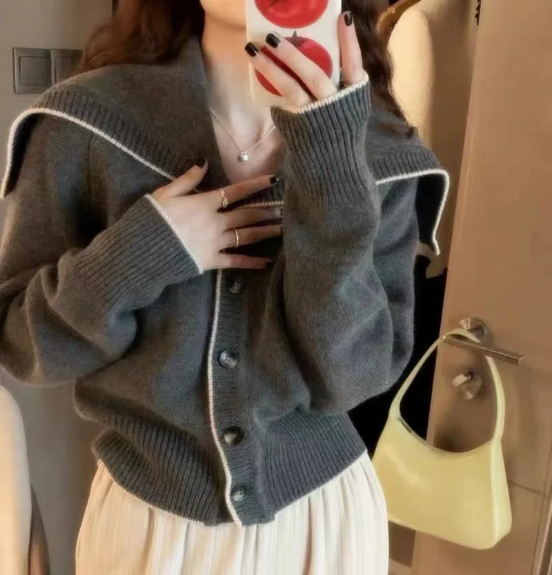 Top Trends: 2023 New Autumn Winter Cashmere Cardigan Sailor Collar Women&#039;s Loose Cashmere Sweater Cardigan Female Coat Shoppable Styles