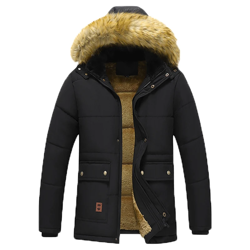 Top Trends: New Casual Men Winter Parka Fleece Lined Thick Warm Hooded Fur Collar Coat Male Size 5XL Plush Jacket Work Outwearing Black Shoppable Styles