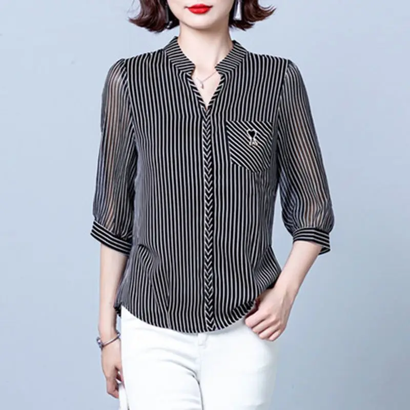 Top Trends: Summer Women 3 / 4 Sleeve Chiffon Striped Shirts Fashion Loose Office Lady Pullover Blouse Vintage Casual Basic White Black Tops Shoppable Styles