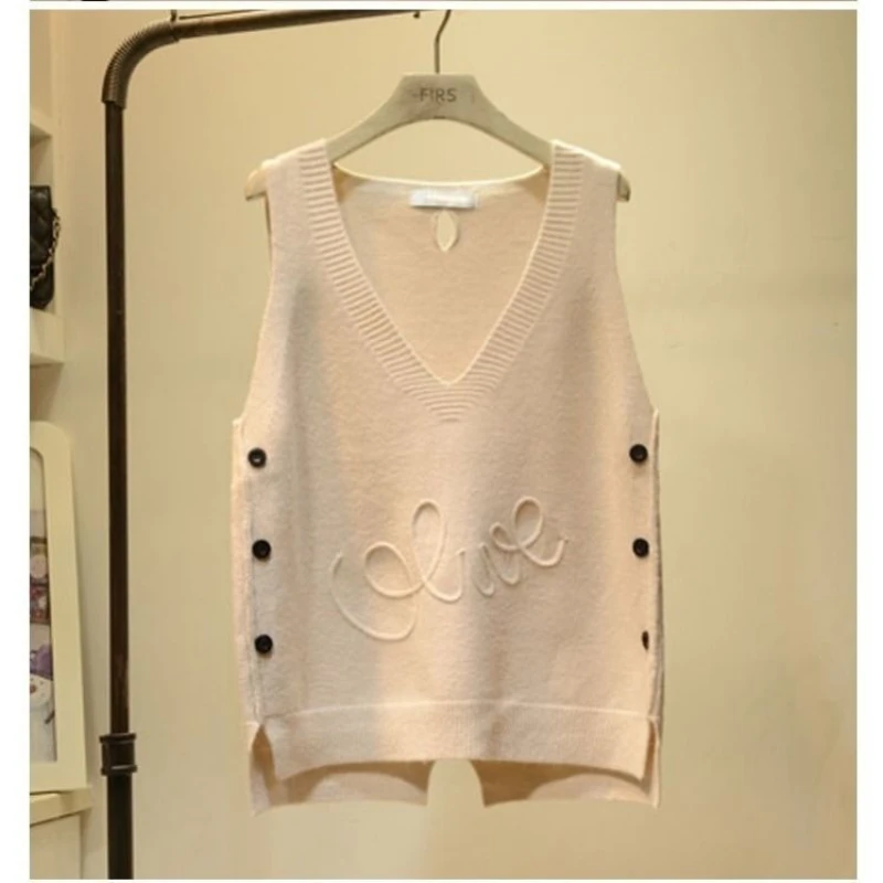 Top Trends: New High-quality Korean V-neck Women&#039;s Loose Button Sleeveless Sweater Kawaii Knit Vest Solid Letter Top Preppy Waistcoat Shoppable Styles