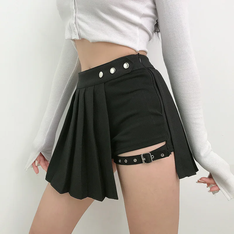 Top Trends: Pleated Girls Gothic Half Skirts Summer Harajuku Punk Style Plaid Irregular Skirts Women Asymmetrical High Waist Black Skirts Shoppable Styles