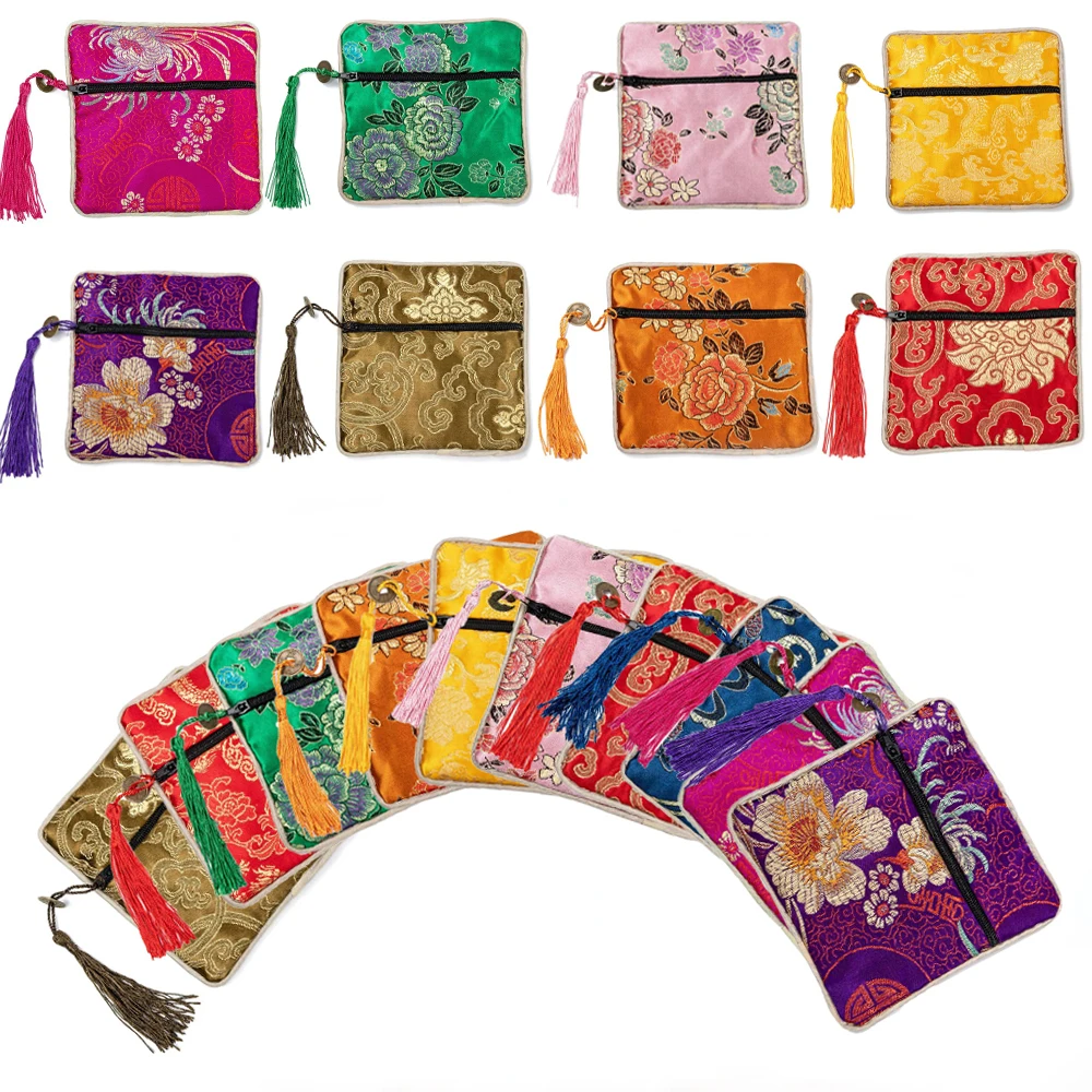 Top Trends: 20pcs Chinese Brocade Tassel Zipper Jewelry Bag Gift Pouch Square With Flower Pattern For Gift Packaging Shopping Storage Pouche Shoppable Styles