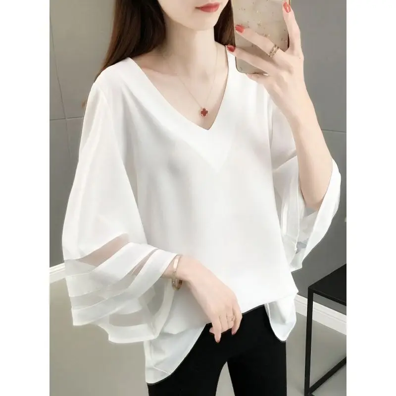 Top Trends: Elegant V-Neck Spliced Flare Sleeve Gauze Chiffon Blouse Women Clothing 2023 Spring New Oversized Casual Pullovers Sweet Shirt Shoppable Styles