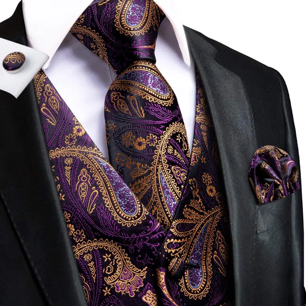 Top Trends: Purple Gold Silk Mens Vest Tie Set Jacquard Paisley Sleeveless Jacket Suit Waistcoat Necktie Hanky Cufflinks Wedding Business Shoppable Styles