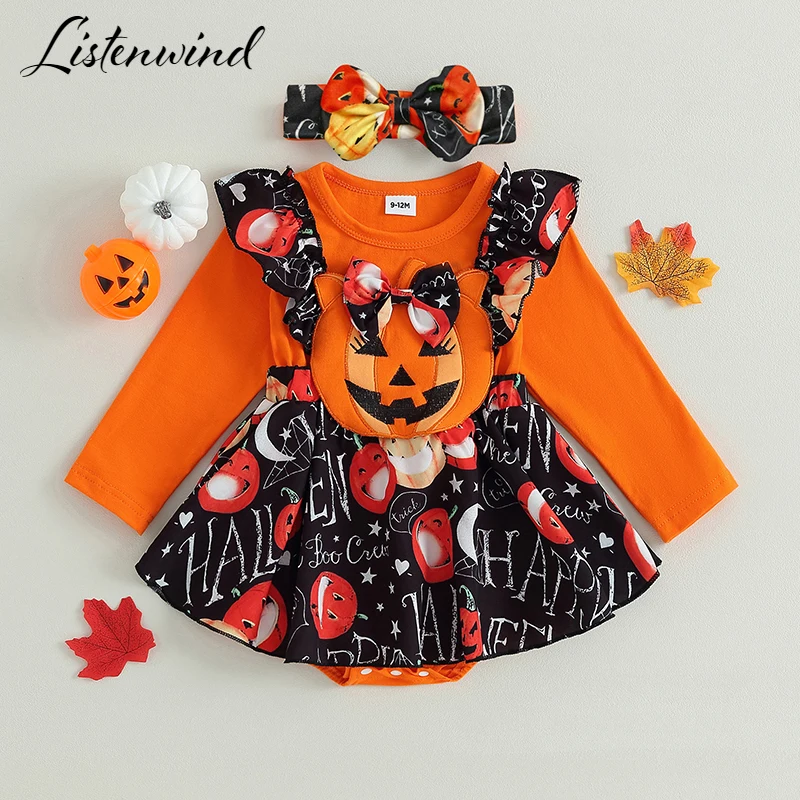 Top Trends: Halloween 0-2Y Newborn Girl Outfit Long Sleeve Crew Neck Pumpkin Letters Print Patchwork Romper Dress With Headband Shoppable Styles