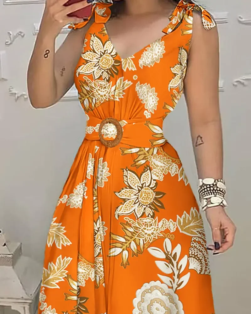 Top Trends: 2022 Summer Woman Casual Chic V-Neck Floral Print Tied Detail Belted Design Sleeveless Maxi Vacation Dress Shoppable Styles