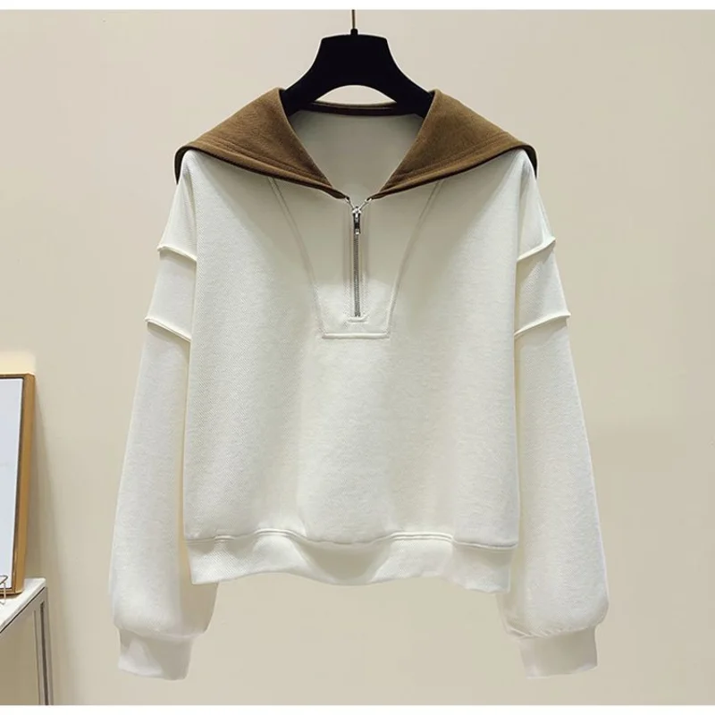 Top Trends: 2023 Spring And Autumn Design Sense Half Zip Contrast Long Sleeve Bottom Shirt Casual Loose Oversized Versatile Women's Sweater Shoppable Styles