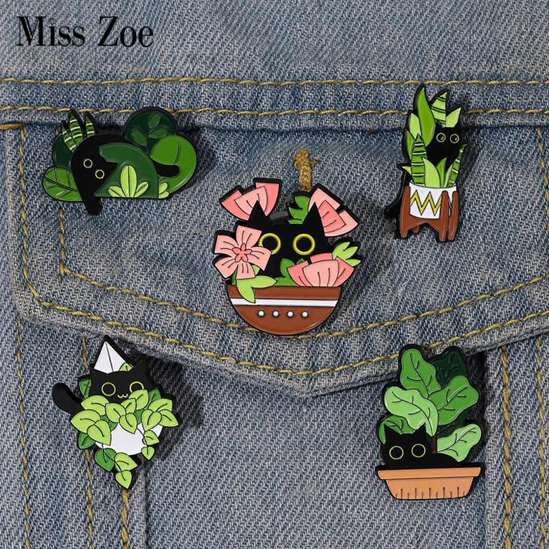 Top Trends: Cats In Plants Enamel Pins Custom Black Cat Potted Plant Brooches Lapel Badges Fun Animal Plant Jewelry Gift for Kids Friends Shoppable Styles