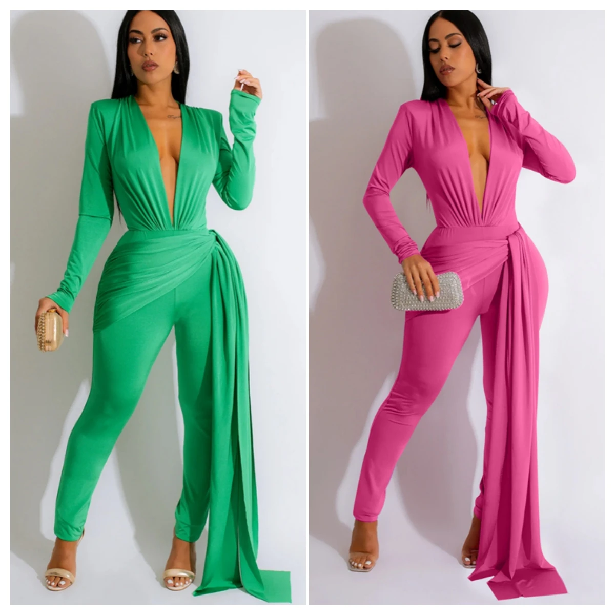 Top Trends: Fashion Ribbon Skinny Jumpsuits Women Sexy Deep V Neck Long Sleeve Lace Up Slim Romper Club Party Pencil Pants Overalls Shoppable Styles